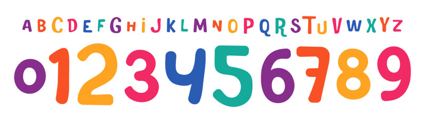 Aufkleber - Cheerful rounded typeface, bright playful colored numbers and letters for kid designs and fun sports branding, jersey numbers, team merchandise. Vector typeset