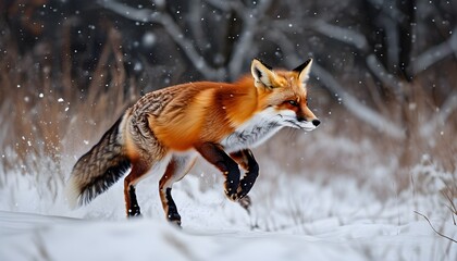 Wall Mural - Graceful red fox pouncing through a serene snowy landscape