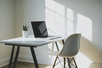 Aufkleber - A bright and minimalistic office workspace featuring a black laptop on a white desk, a white chair, and a small potted plant with sunlight casting shadows on the wall.