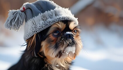 Wall Mural - Playful Shih Tzu Wearing Cozy Hat Against a Blurry Snowy Backdrop