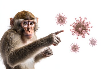 Poster - A monkey pointing at virus particles in a digital illustration, representing the linkage between primate behavior and viral infection studies in scientific research.