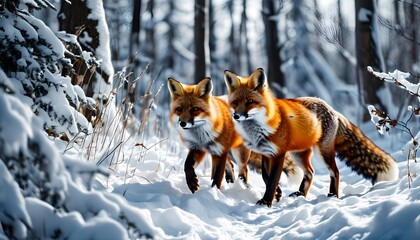 Wall Mural - Foxes traversing a snow-covered winter forest in serene wildlife setting