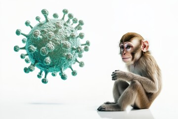 Poster - A seated monkey looking towards a large, digitally illustrated virus model, demonstrating the interplay between primates and virus research in a visual representation.