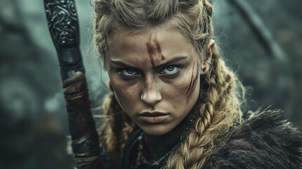  A fierce Viking woman warrior with a determined expression, wearing battle gear, braided hair, and war paint on her face