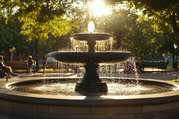 Poster - A picturesque fountain at the center of a park, with sunlight streaming through and creating glistening water effects. Surrounding are people enjoying the serene environment.