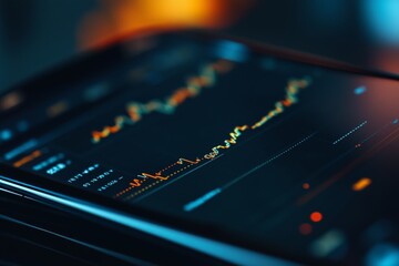 Poster - analyzing stock market trends on a smartphone during evening hours with vibrant graphs