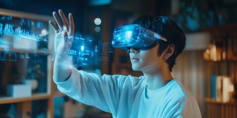 Poster - A dedicated student explores advanced AI technology with a VR headset, engaging with blue holograms that enhance their educational experience in a modern classroom with innovative resources