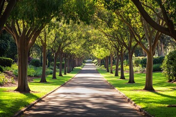 Poster - A serene, sunlit path flanked by trees and lush greenery, creating a tranquil and inviting nature walkway perfect for a peaceful stroll or a scenic walk.