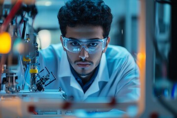 Poster - A dedicated scientist engages with advanced robotics in a high-tech lab environment, showcasing the intricacies of modern scientific equipment and technology, with a focus on precision.