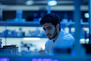 Aufkleber - A young technician immersed in his work in a well-equipped laboratory during late hours. The focus is on scientific research amidst a setting of advanced tools and blue lighting.