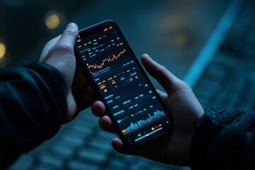 Poster - A person checks stock market data on a smartphone while standing in a dimly lit urban environment at night