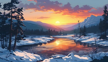 Sticker - Winter river flowing through forest and mountains at sunset, showcasing natures serene beauty in a captivating digital illustration.