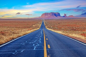 Panoramic picture along an empty road through Monument Valley