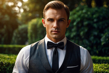 Portrait of confident businessman young guy in vest and bow tie posing at greenery park, strong look.  Serious fashionable stylish man in tuxedo, luxury image James Bond style. Copy ad text space