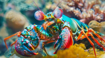 Wall Mural - Vibrant Neon Lobster in Underwater Coral Reef Ecosystem