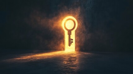 A glowing key-shaped hole illuminates a dark, empty room, casting soft light through its outline. This mystical and symbolic concept evokes ideas of unlocking secrets, opportunities