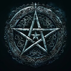 Intricate silver pentagram medallion with ornate design

