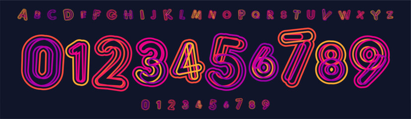 Aufkleber - Vibrant neon font, playful outliner numbers and letters, energetic curves bold strokes alphabet for nightlife, party visuals, sports branding, jersey numbers, team merchandise. Vector typeset