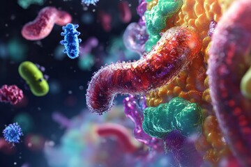 Poster - Close-up of microscopic bacteria of different colors showing vibrant interaction, representing various bacterial activities including infection, symbiosis, and mutation at a microscopic level.