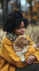 Joyful Young Woman Embracing Cute Fluffy Puppy in Autumn Landscape. AI Generated