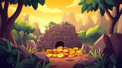 a pile of gold coins sits in front of a stone structure in the jungle, a scene that evokes a sense o