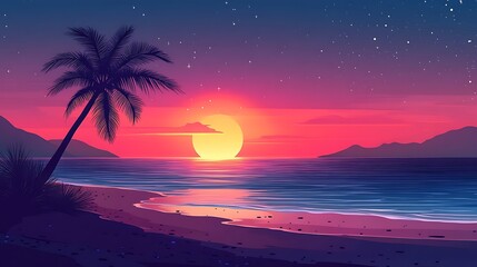 2d flat design vector illustration of sunset