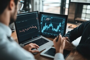 Poster - business partners analyzing financial data on laptops during a daytime meeting in a modern office en