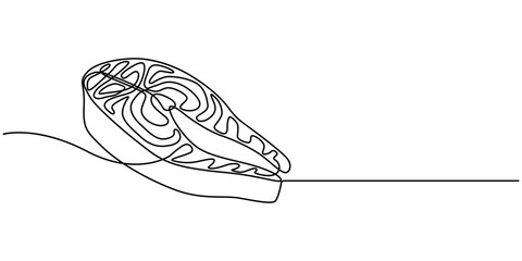 continuous one line vector drawing of piece of fish, salmon. Line art, Set of Salmon Steak one line continuous drawing. Salmon Steak continuous one line set illustration. Vector minimalist linear