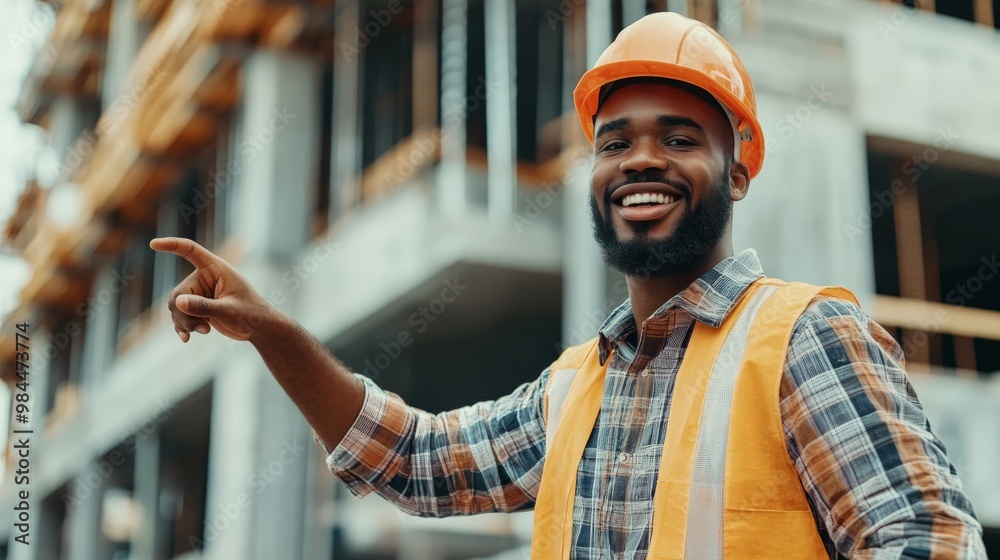 A smiling construction worker wearing a hard hat and safety vest is ...