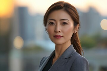 Poster - A woman in a business suit is standing in front of a city skyline. She has a serious expression on her face