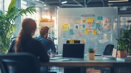 Poster - Team brainstorming in a modern office with sticky notes on the wall during late afternoon light