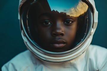 Poster - A young child in a space suit helmet looks determinedly forward, embodying dreams and aspirations for the future, with a blurred reflection on the visor.