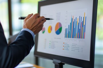 Poster - business professional presenting analytics on a large screen during a corporate meeting in a modern 