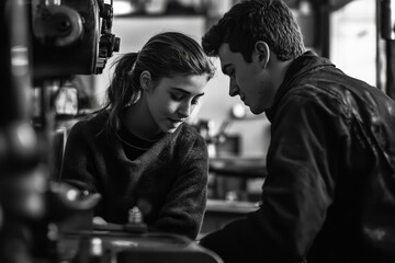 Within a monochrome image, a young girl and boy collaboratively engage with focus and thoughtfulness in a bustling workshop setting, sharing knowledge.