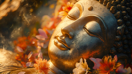 Wall Mural - Golden Buddha surrounded by flowers