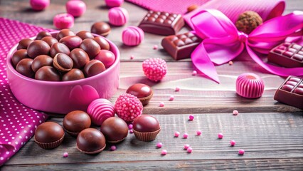 Assorted chocolates and candies with pink decorations on wooden surface