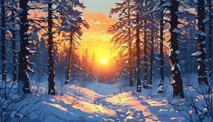 Wall Mural - Serene winter forest enveloped in snow under a breathtaking sunset