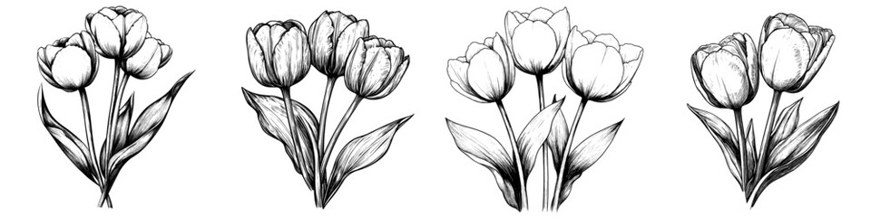 Poster - Set of line drawings of tulips, Bouquet Doodle. For posters, textiles, etc. Modern Illustration. Realistic. Great for cards, posters, postcards, logos and other printed material.