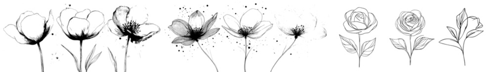 Poster - Hand drawn abstract flowers. Line art illustration sketch.