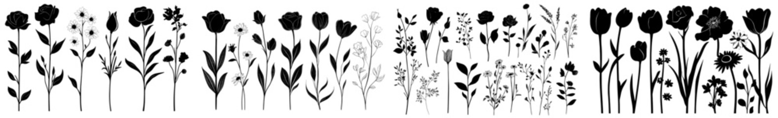 Wall Mural - Hand drawn flowers silhouettes including poppies, roses, lilies of the valley, lavender, chamomile, and other botanical elements for design projects.