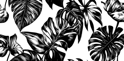 Wall Mural - Tropical palm leaves seamless pattern in black and white. Exotic botanical texture in black and white.