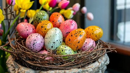 Wall Mural - Colorful Easter display featuring decorated eggs at a spring festival in a lively community setting