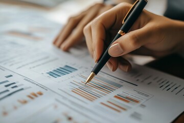 Poster - Analyzing business reports and data trends with a pen during a strategic planning session