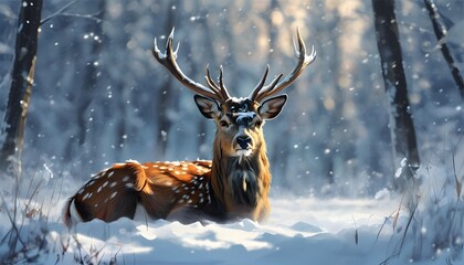 Majestic deer in serene winter forest, illuminated by soft rays of light amidst gentle snowfall