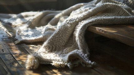 Wall Mural -   Wooden bench sits atop a wooden floor with a cozy blanket