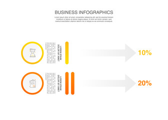 Presentation of modern vector infographic. Business template with 2 steps, arrows with illustration Infographic for bar graph, chart, app, website, slides. Progress bar with two steps percentage.