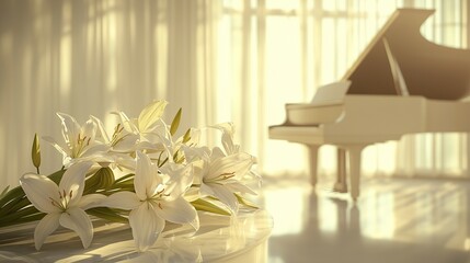 Poster -   A white piano rests before a window, adorned with a floral arrangement atop it