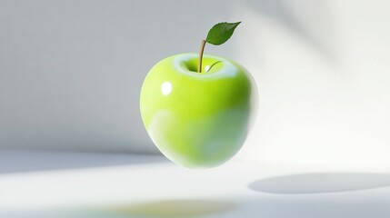   Green apple with leaf, on white wall shadow