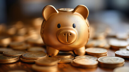 Golden Piggy Bank with Coins for Savings and Financial Goals