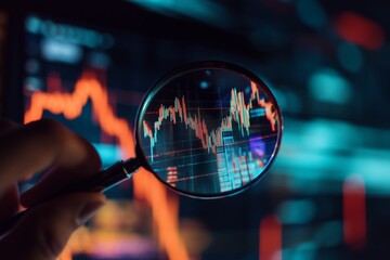 Poster - Analyzing stock market trends through a magnifying glass in a futuristic trading environment